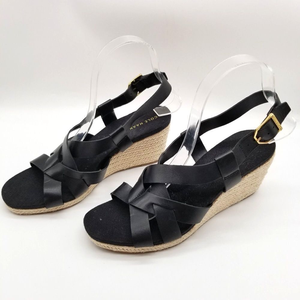 Cole Haan Women Jamie Block Heel Strappy Sandals Size 7.5 B Black Leather